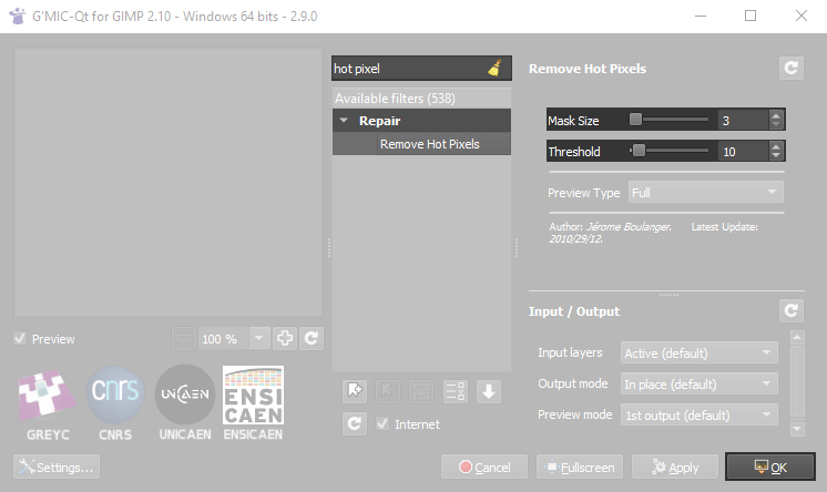 remove hot pixels G'MIC