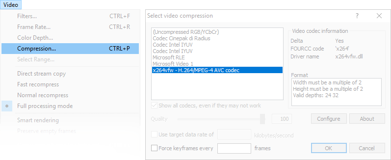 interfaccia VirtualDub, verificare di avere installato X264