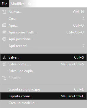 file, salva esporta