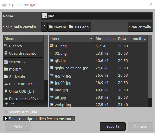 scegli il nome e l'estensione