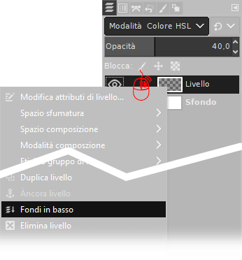 Fondi in basso modalità colore HSL 40% con Gimp