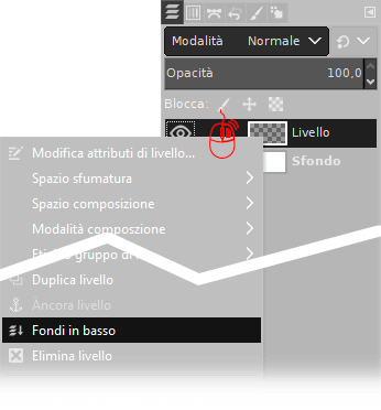 Fondi in basso modalità normale con opacità 100% con Gimp