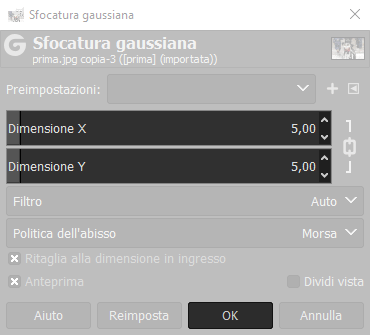 Sfocatura gaussiana 5 pixel con Gimp