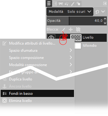 Fondi in basso modalità solo scuri 40% con Gimp